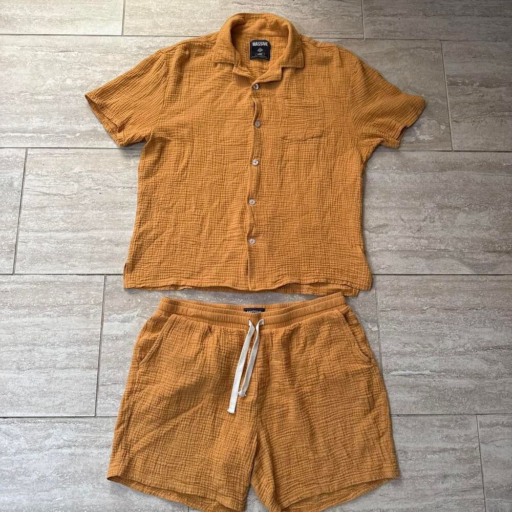 Tan Brown cotton gauzy Men Matching Set Shorts buttonup collared shirt cotton